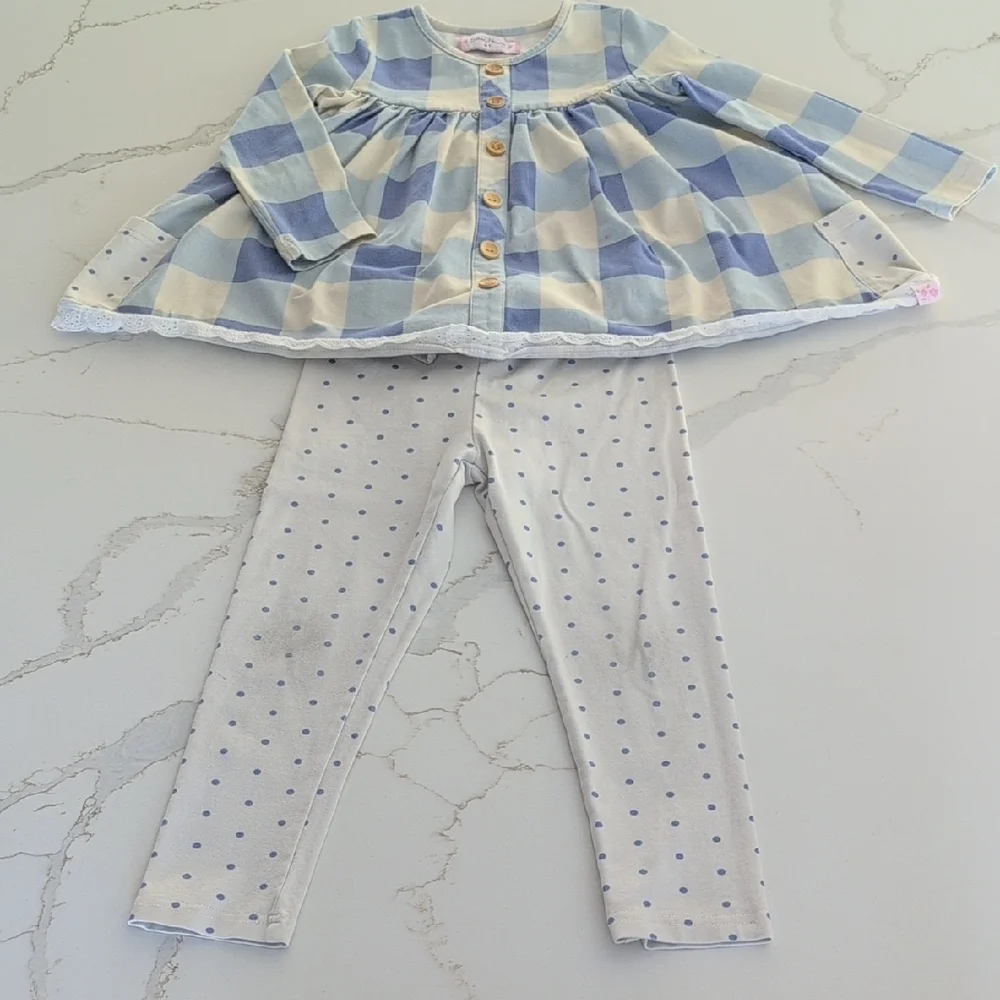 Blue & Cream Plaid Top and Polka Dot Leggings - Kids Shirt Set